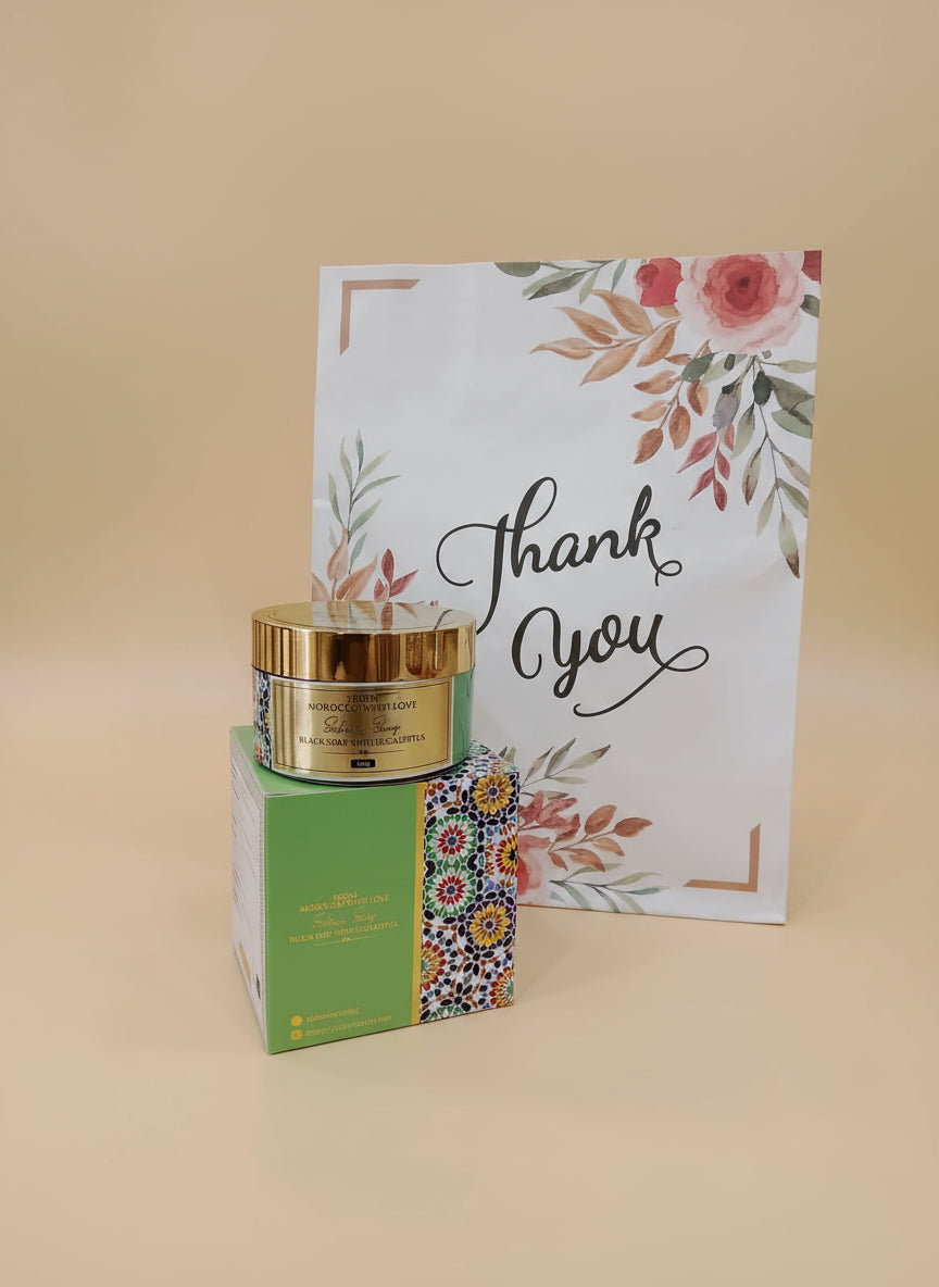 Cosmetic jar with gold lid and colorful packaging on a floral-patterned background Cosmetic jar with gold lid and colorful packaging on a floral-patterned background