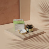 Cosmetic jar, lid, and box on a beige surface with soft shadows Cosmetic jar, lid, and box on a beige surface with soft shadows