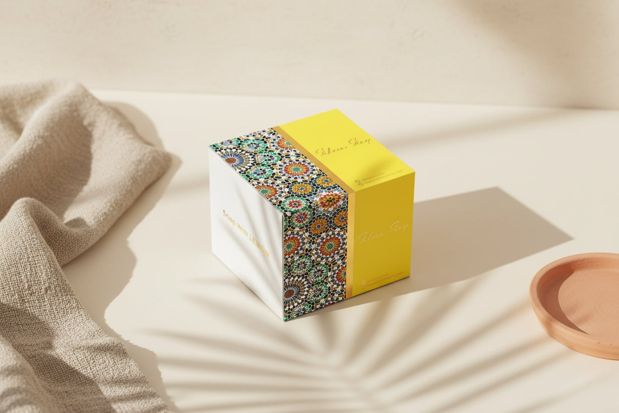 Box with a colorful pattern on a beige surface Box with a colorful pattern on a beige surface