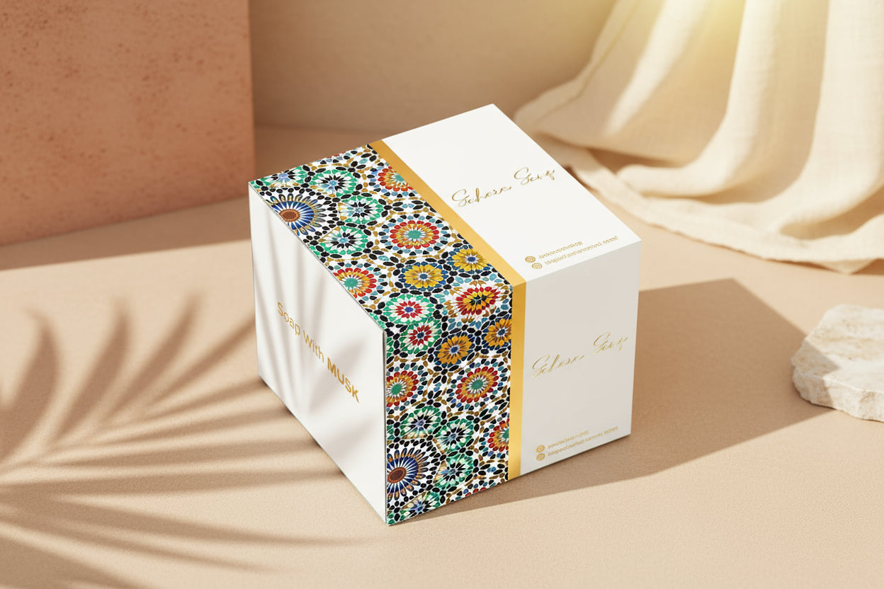 Decorative box with colorful pattern on a beige background Decorative box with colorful pattern on a beige background