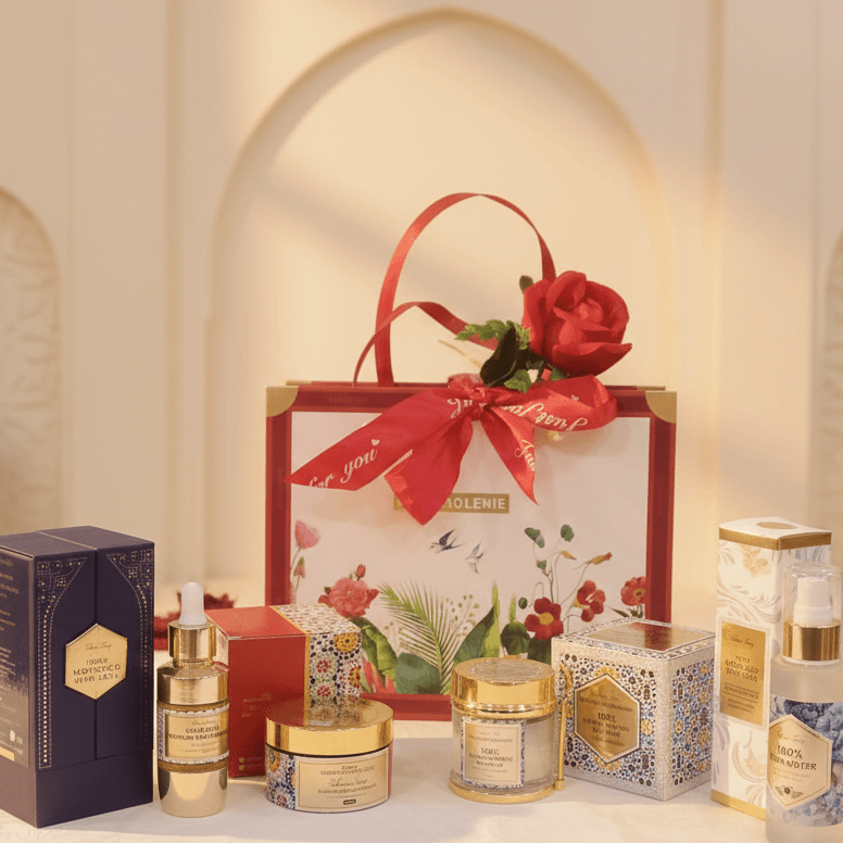 Moroccan bath and hammam set in its gift bag, with black soap, rhassoul, argan oil and rose water