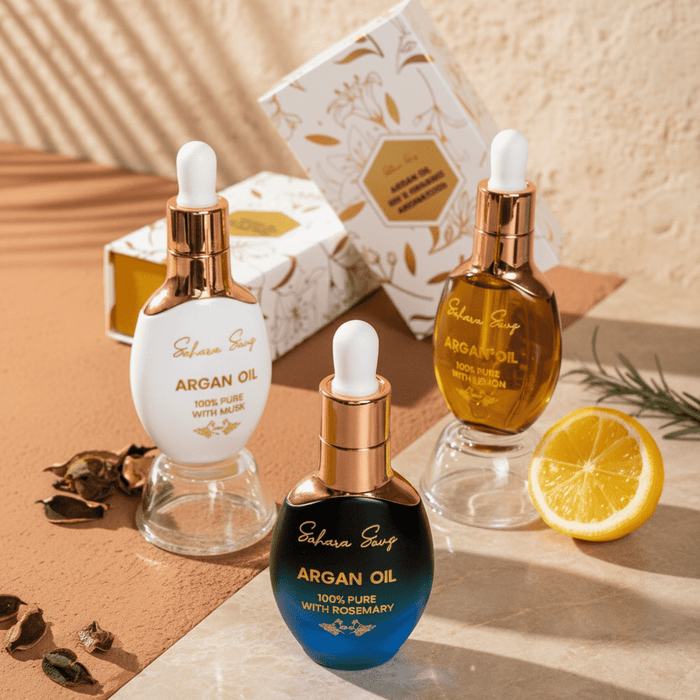 Love Elixir argan oil gift set: three bottles with lemon and rosemary