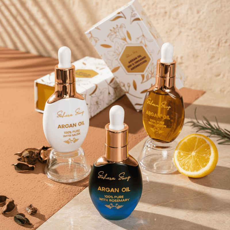 Love Elixir argan oil gift set: three bottles with lemon and rosemary