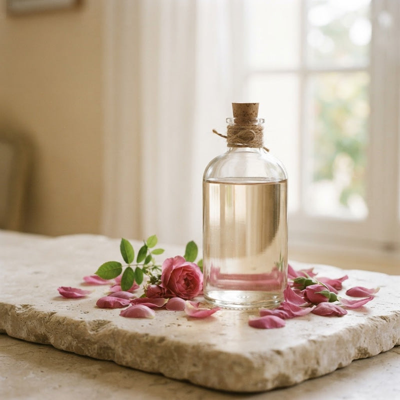 Glass bottle of Moroccan rose water hydrosol with damask rose petals