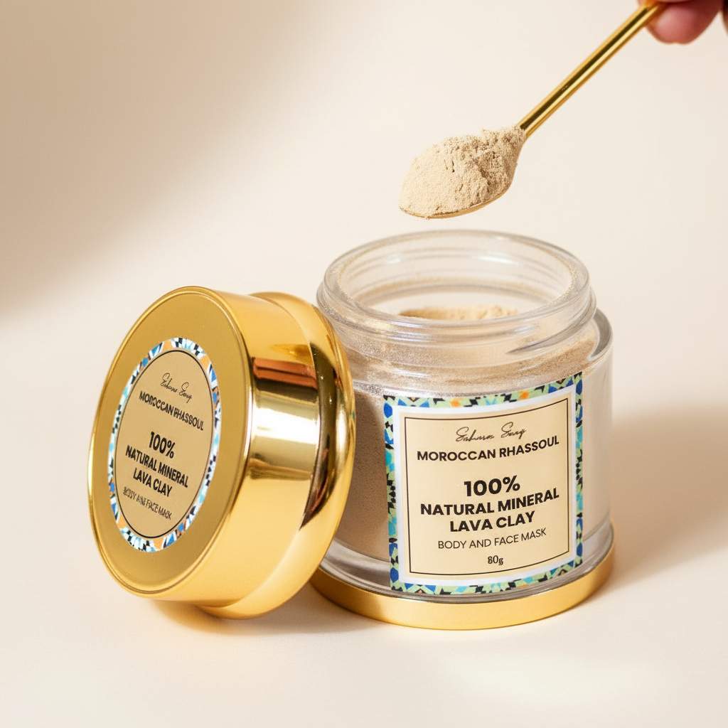 Jar of Moroccan Rhassoul clay with a spoonful being taken out, on a beige background