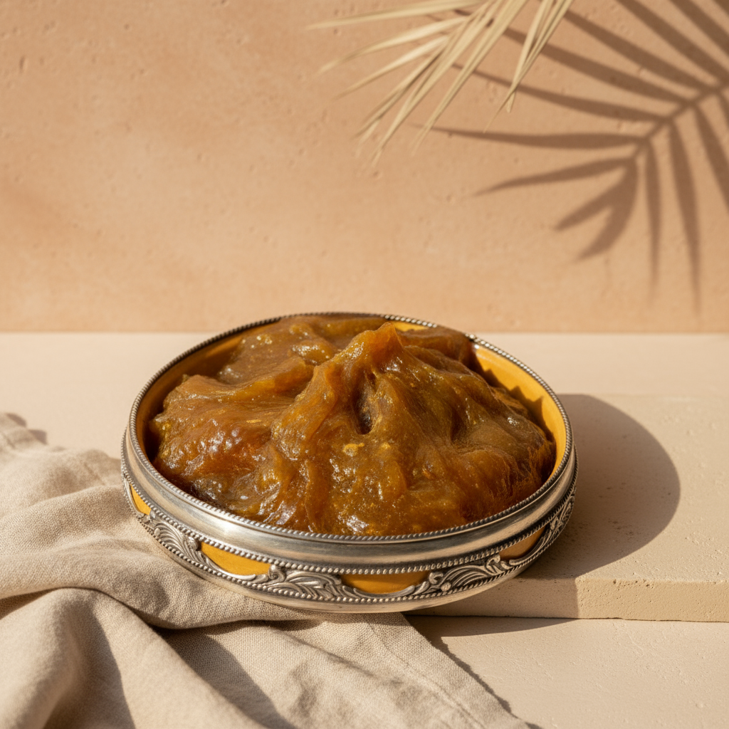 Brown paste in a decorative metal container on a beige background with a leaf shadow. Brown paste in a decorative metal container on a beige background with a leaf shadow.