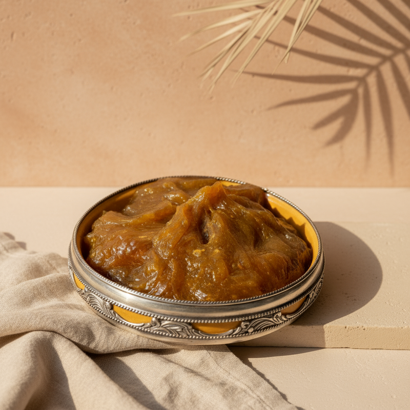 Brown paste in a decorative metal container on a beige background with a leaf shadow.