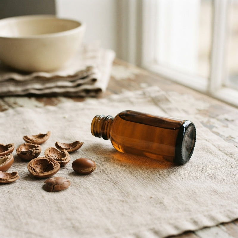 Amber bottle of 100% pure argan oil with cracked argan shells on linen