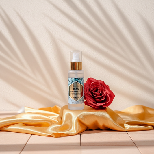 A close-up image of a bottle of Sahara Souq Moroccan Rose Dew toner, with a beautiful red rose partially wrapped in a net-like fabric in the background.