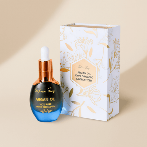 Rosemary argan oil for hair growth, blue dropper bottle beside its gift box