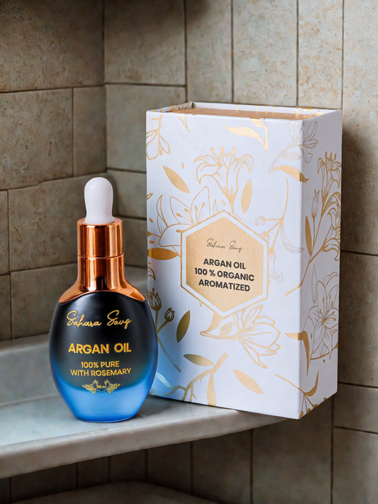 blue bottle of argan oil and white package box in bathroom shelve