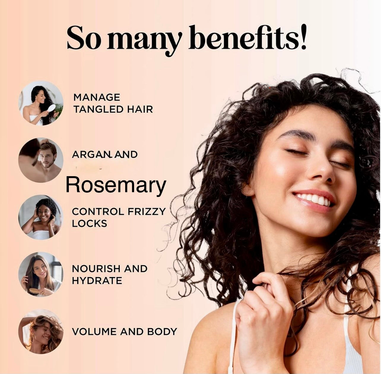 Woman with curly hair against a beige background with text about hair benefits