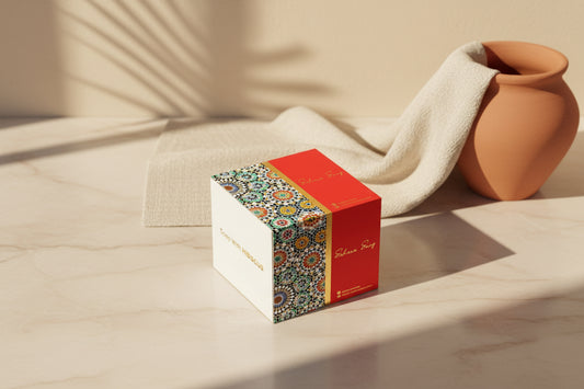 Decorative box with intricate patterns on a light surface with a vase in the background