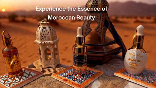 Moroccan oils set in desert at sunset