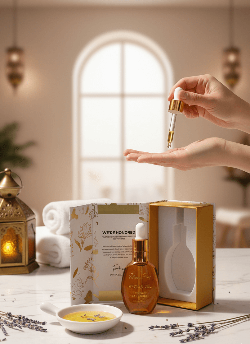 Hand holding a dropper over a bottle of oil with a blurred background