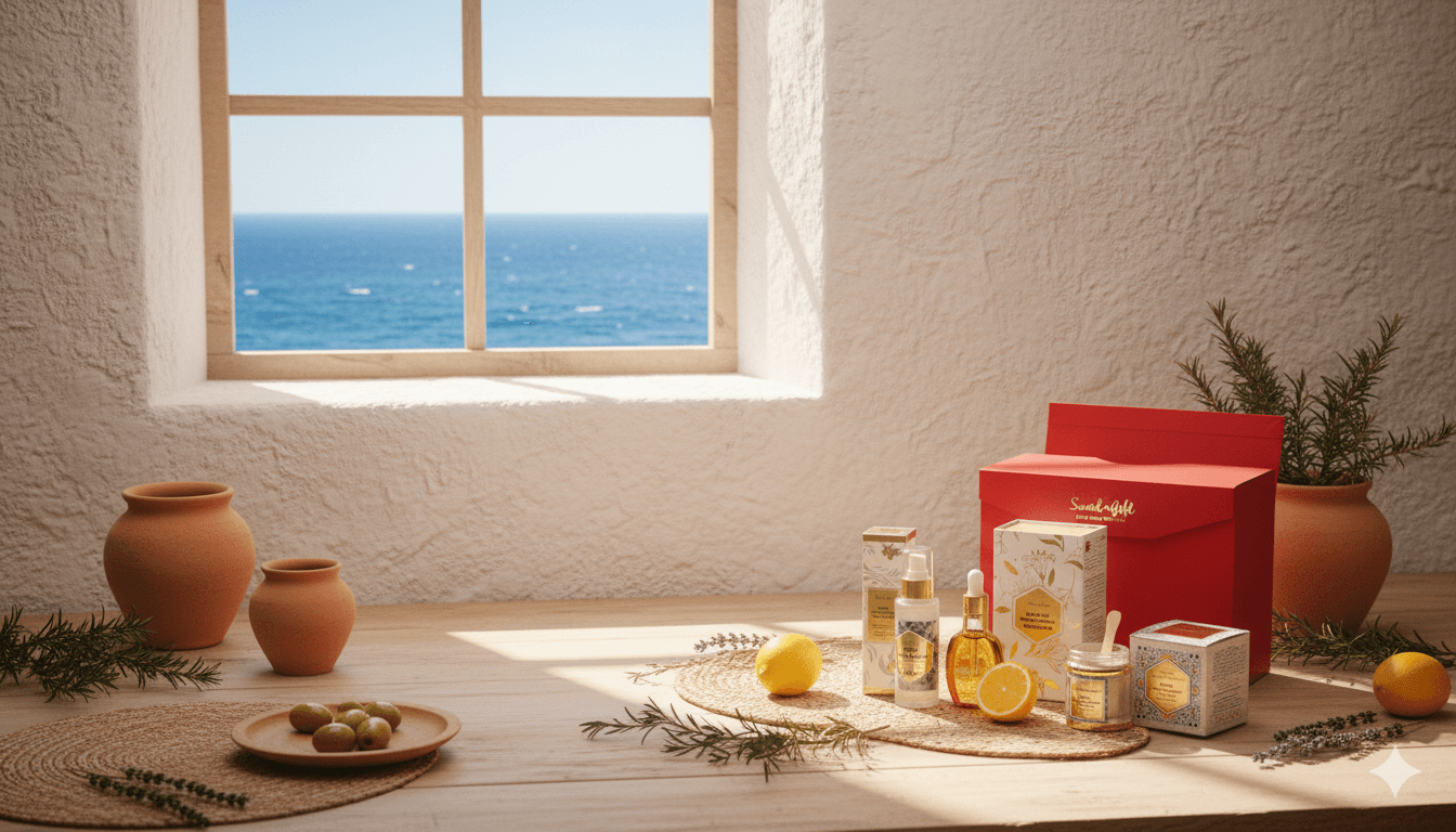Table with decorative items near a window with a view of the ocean