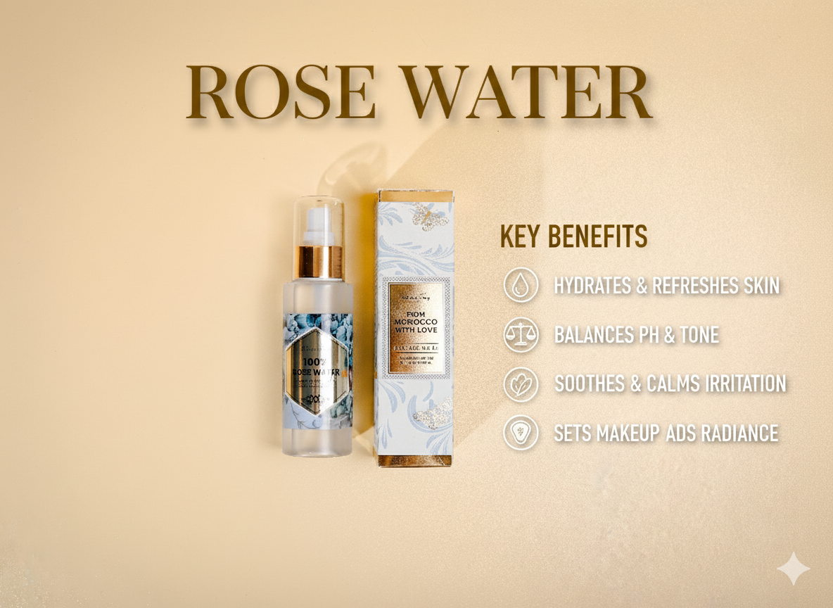 Rose water product with benefits on a beige background