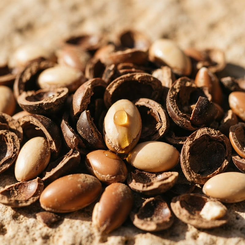 Cracked argan shells and kernels of Argania spinosa, hand-cracked in the Souss valley