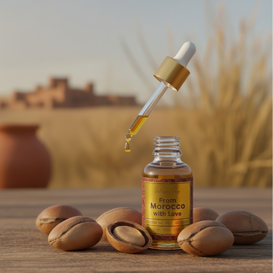 argan oil bottle in gold and red surrounded with argan nuts in village land scape via on top of wooden table