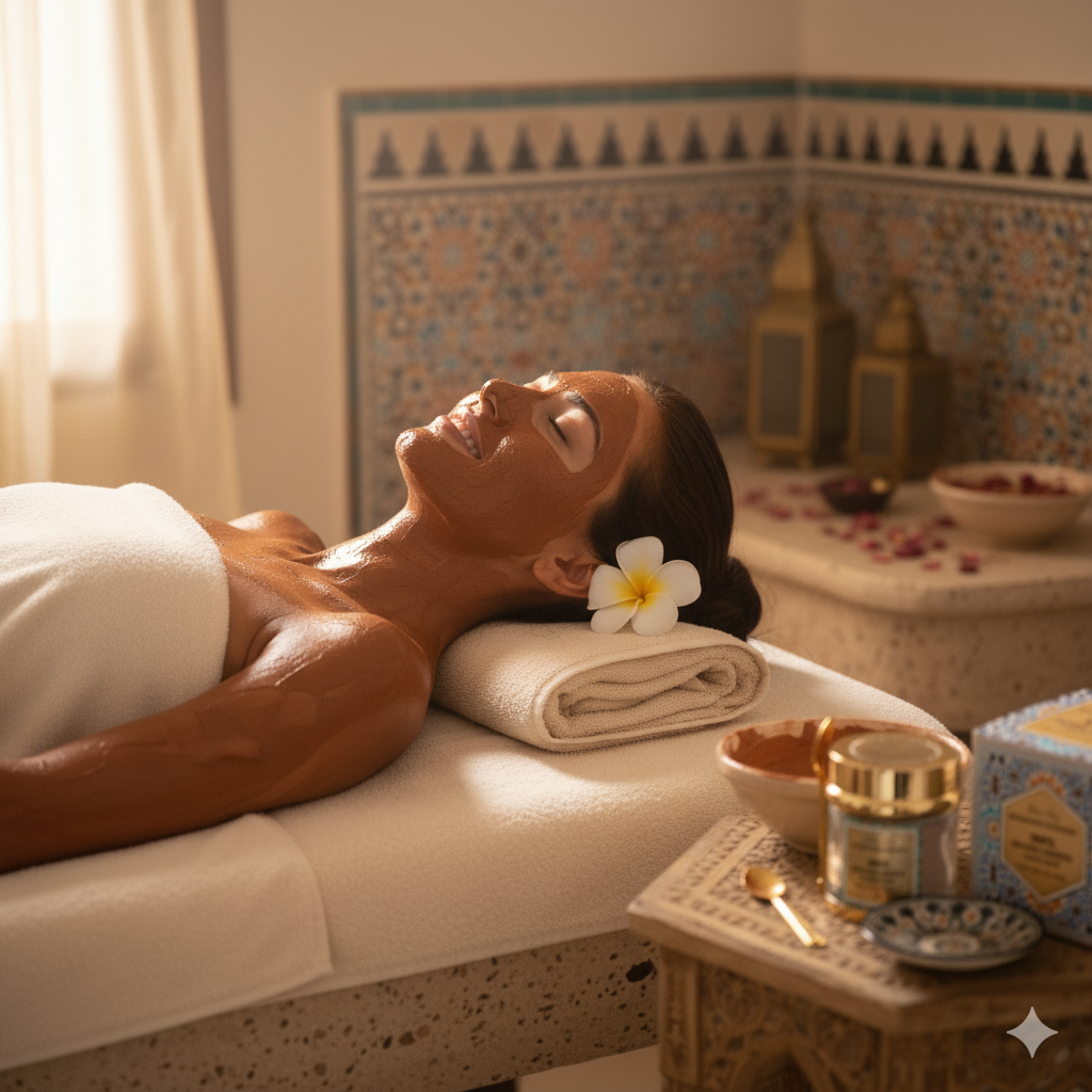Woman receiving a facial treatment with a decorative flower in her hair in a spa setting.