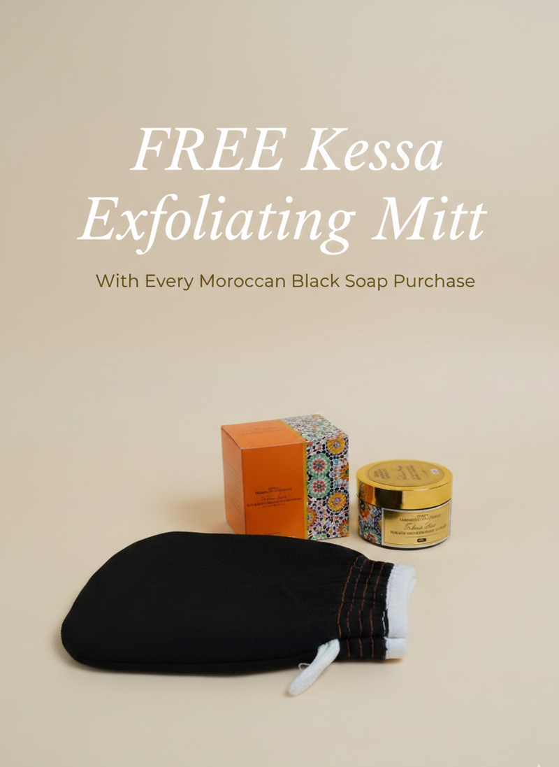 Kessa exfoliating mitt with Moroccan Black Soap and packaging on a beige background