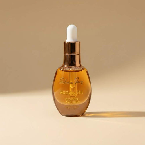 Lavender body massage oil with argan in an amber glass dropper bottle
