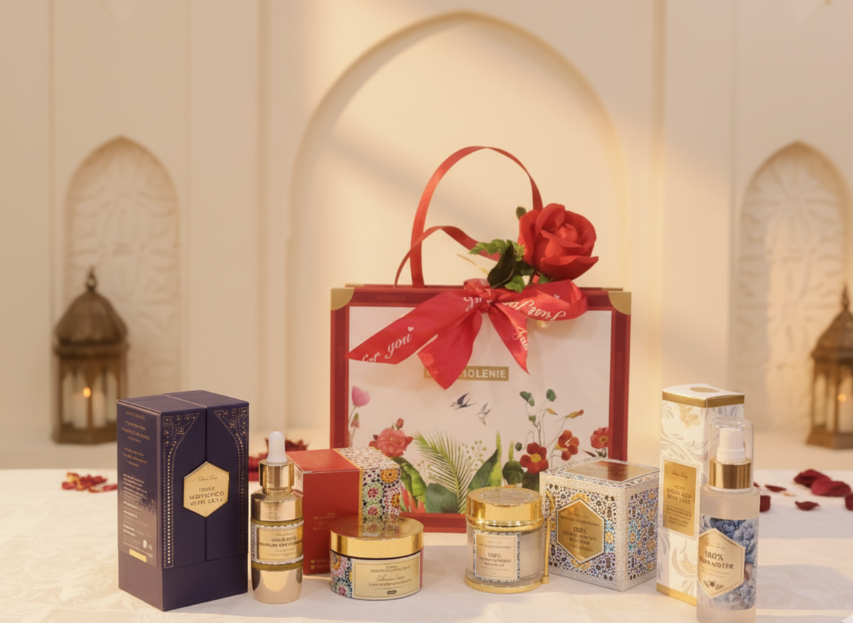 Luxury Moroccan Hammam Ritual Gift Set featuring Rose Water, Argan Oil, Rhassoul Clay, Black Soap, and Kessa Exfoliating Glove.