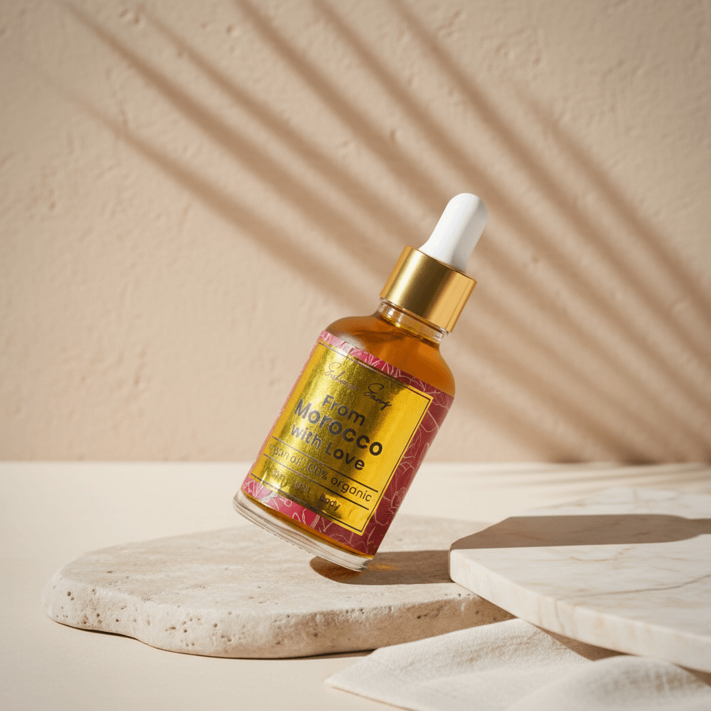 Bottle of Moroccan tallow balm on a beige background