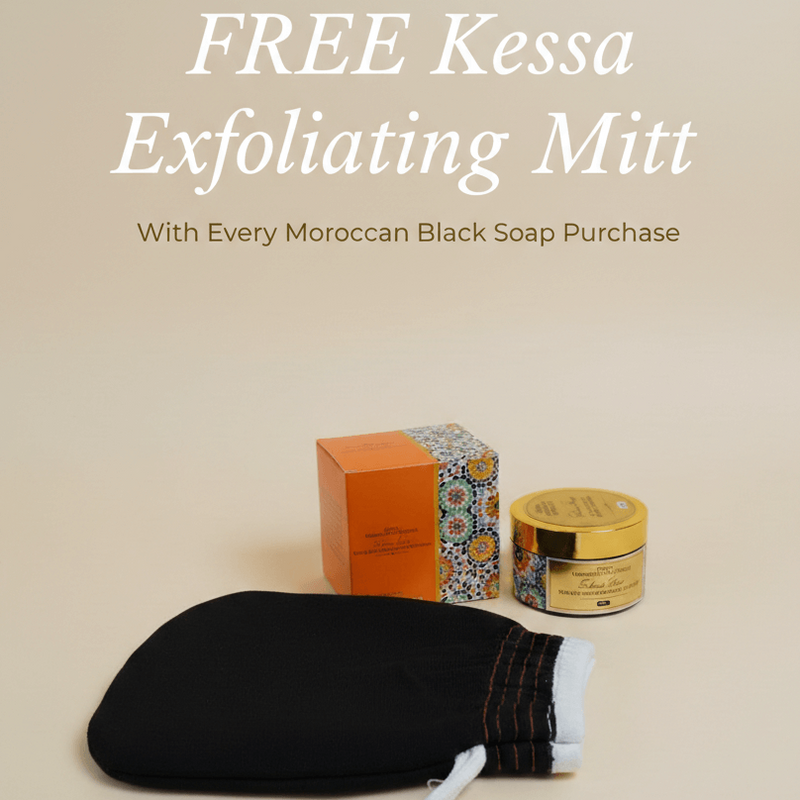 Kessa exfoliating mitt with Moroccan black soap and packaging on a beige background