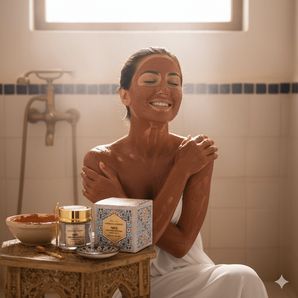 Woman applying a brown facial clay mask in a bathroom with skincare products on a table.
