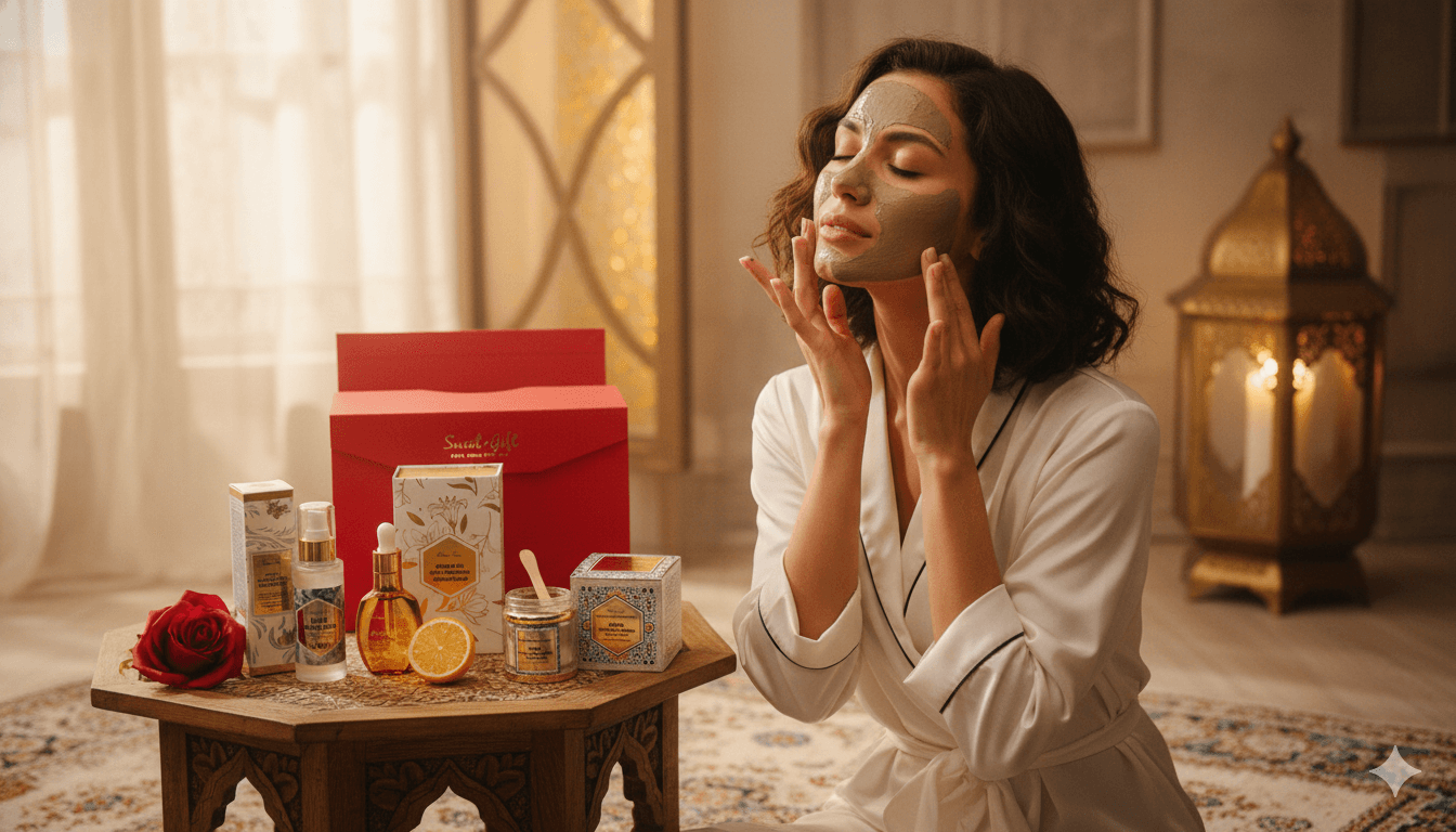 Woman applying facial mask in a luxurious room with skincare products on a table.