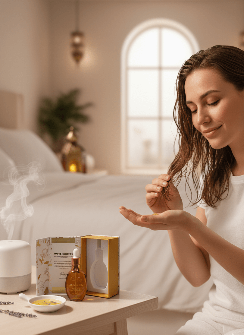 Woman applying a product from a box in a bedroom setting with a diffuser and bottles on a table.