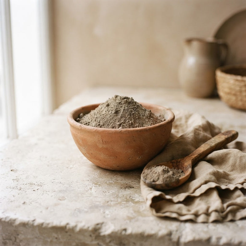 Bowl of rhassoul clay powder with an olive-wood spoon for a Moroccan face mask