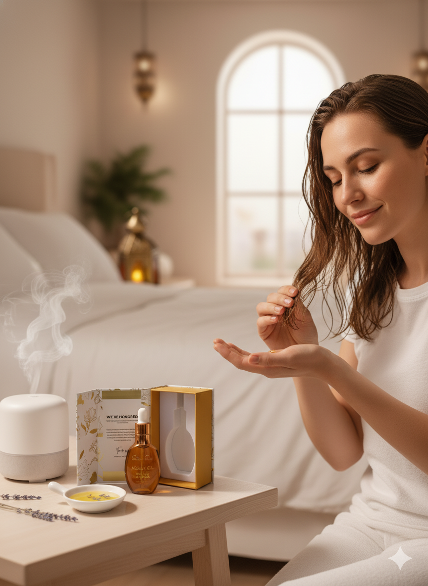 Woman applying a product to her hand in a bedroom setting with a diffuser and boxes on a table.